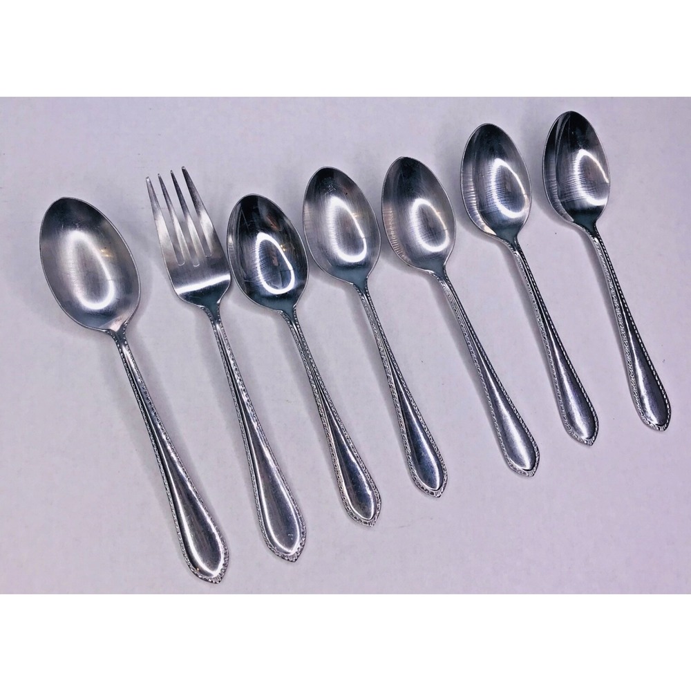 Reed & Barton Beaded Stainless Flatware Replacement Spoon‎ Dinner Fork Set 7 Pc